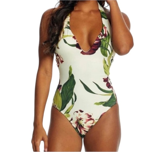 ROBIN PICCONE Moana Floral Plunge One Piece Halter Swimsuit - Picture 11 of 11
